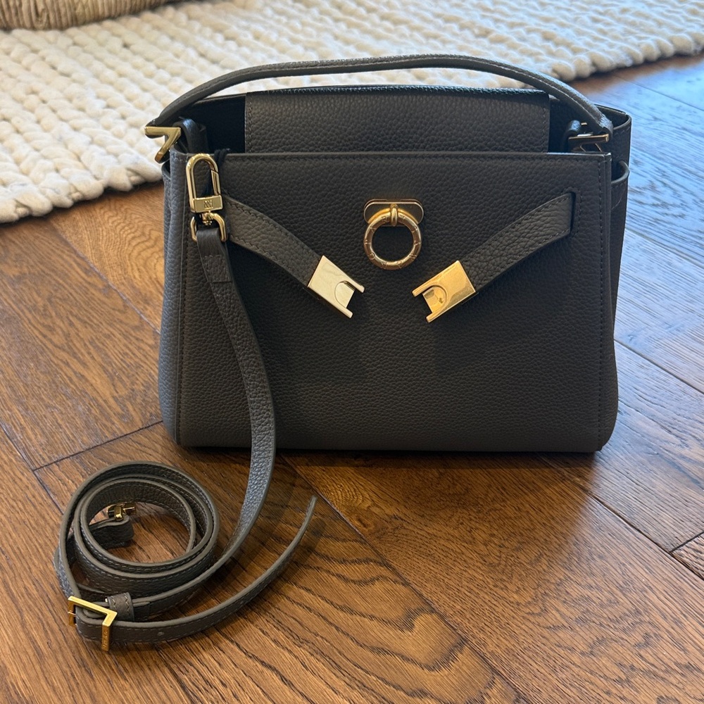 Parisa Wang Madison Gray Leather Top-Handle Satchel with Gold Hardware